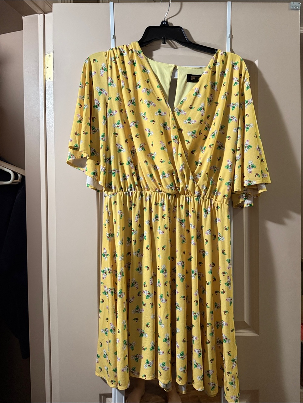 Alexia Admor Yellow Floral Faux-Wrap Midi Dress with Green Accents